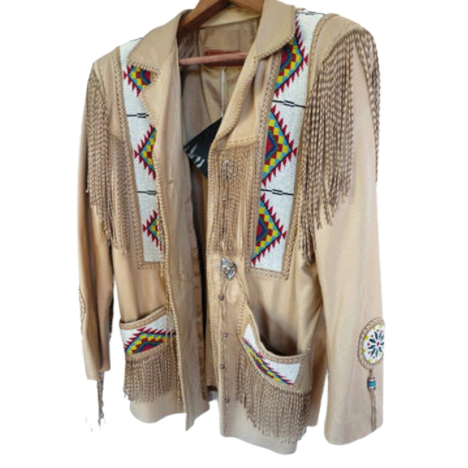 Beige leather fringe jacket with beaded detailing, side profile