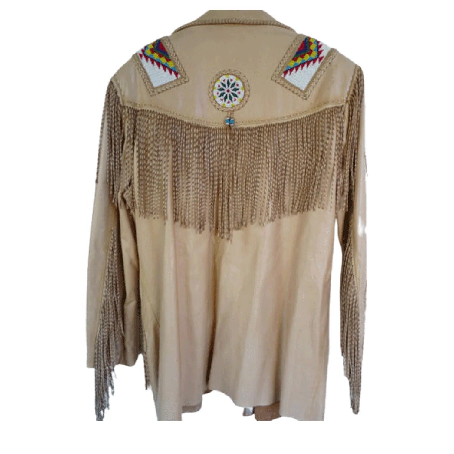 Beige leather fringe jacket with beaded detailing, worn styled look