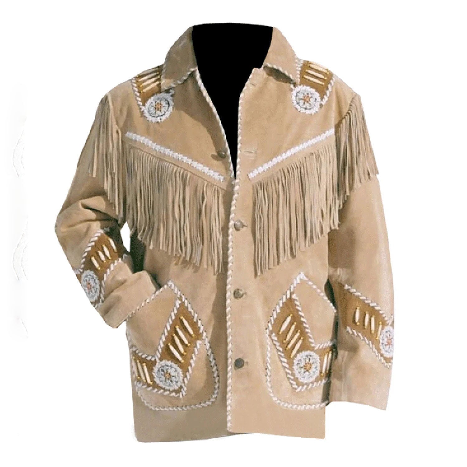 Full display showing the beige suede leather fringe jacket with beaded detailing