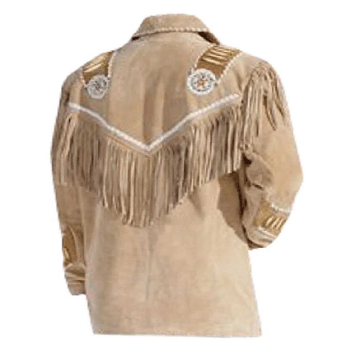Detail shot showing the beige suede leather fringe jacket with beaded detailing