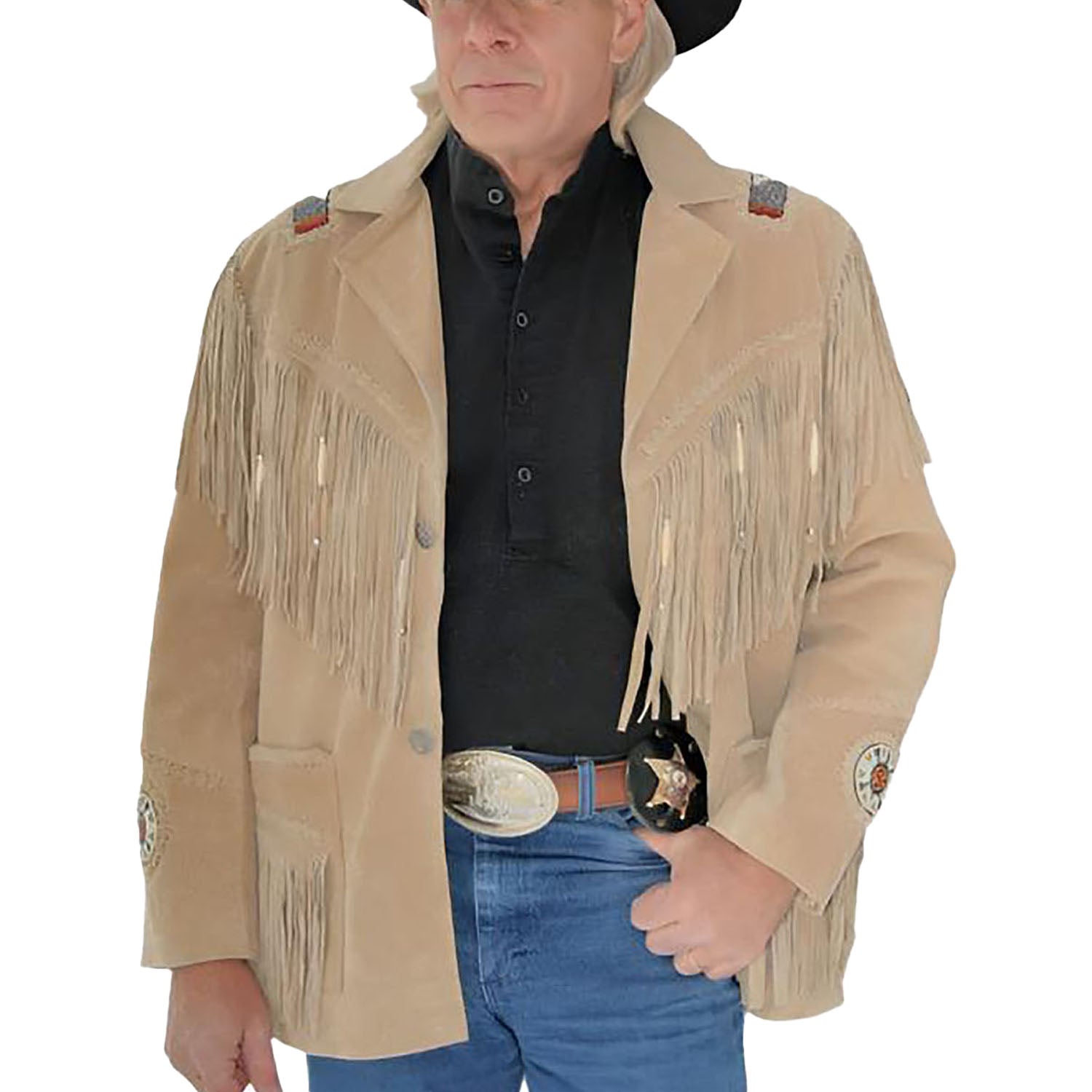 Side profile showing the beige suede leather fringe jacket with beaded detailing