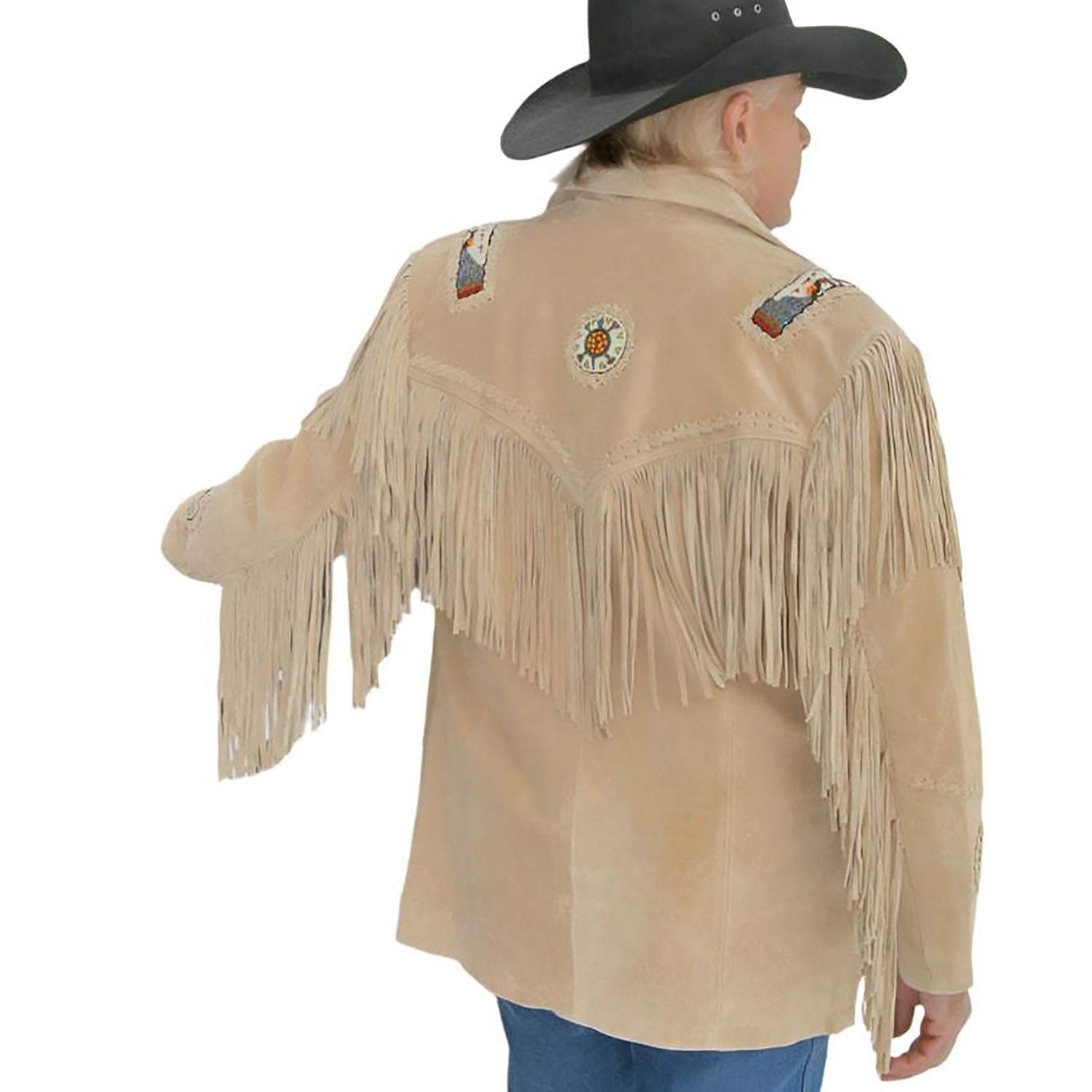 Back view showing the beige suede leather fringe jacket with beaded detailing