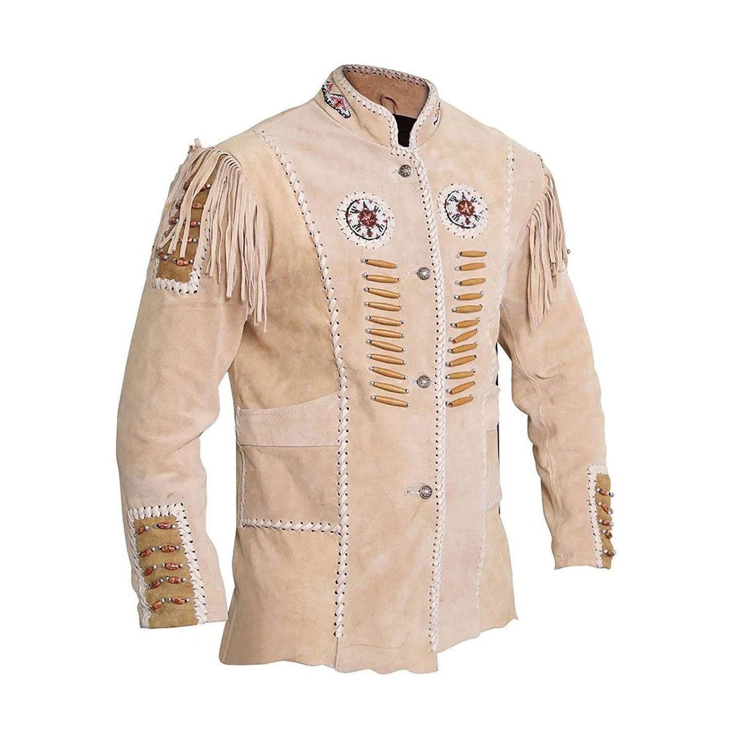 The beige suede leather fringe jacket with beaded detailing, pictured from the front