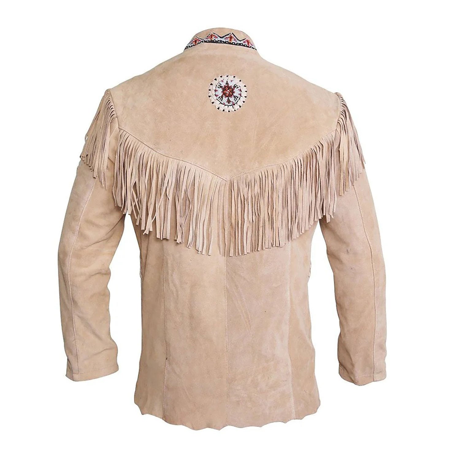 The beige suede leather fringe jacket with beaded detailing, pictured from the side