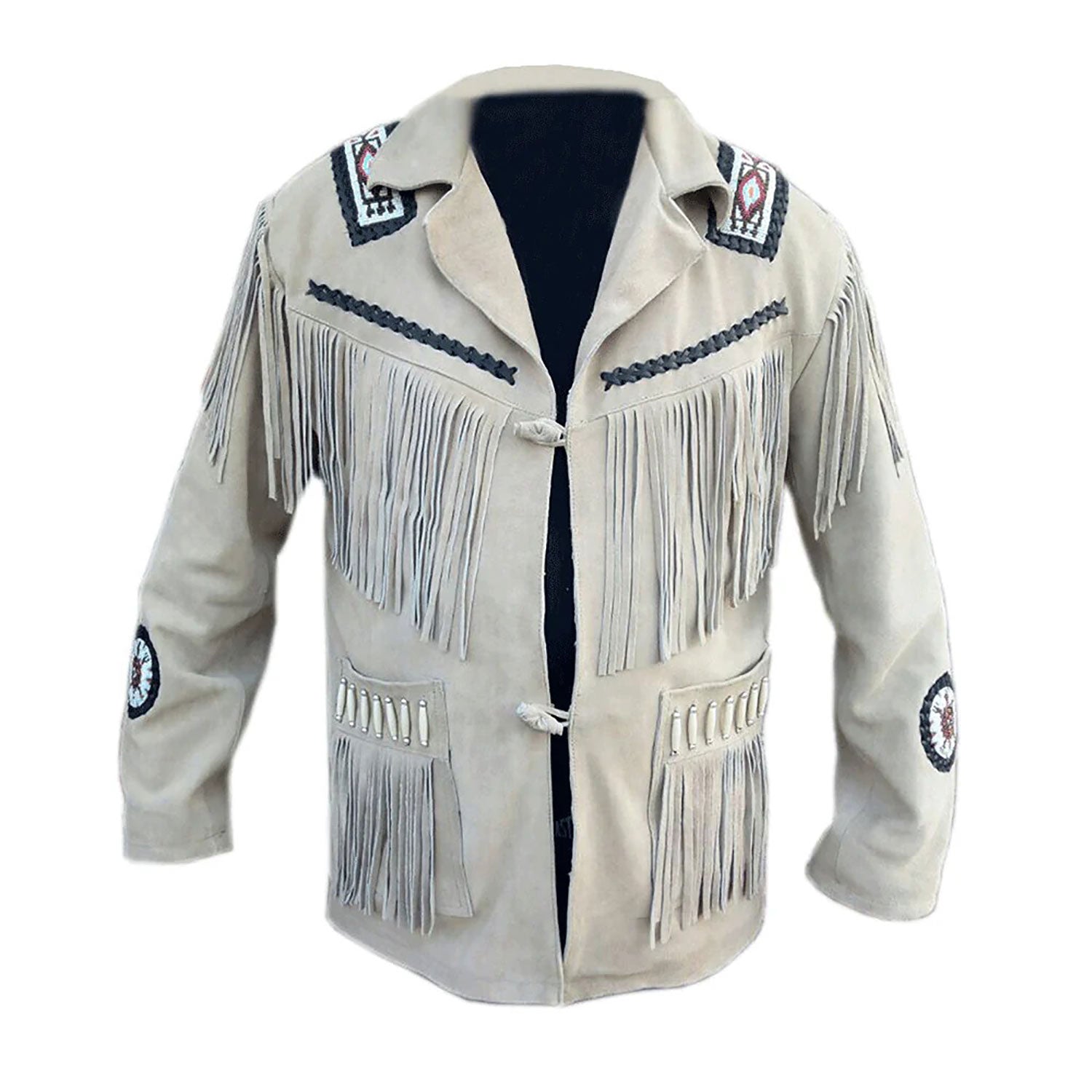 Beige suede leather fringe jacket with beaded detailing, detail shot