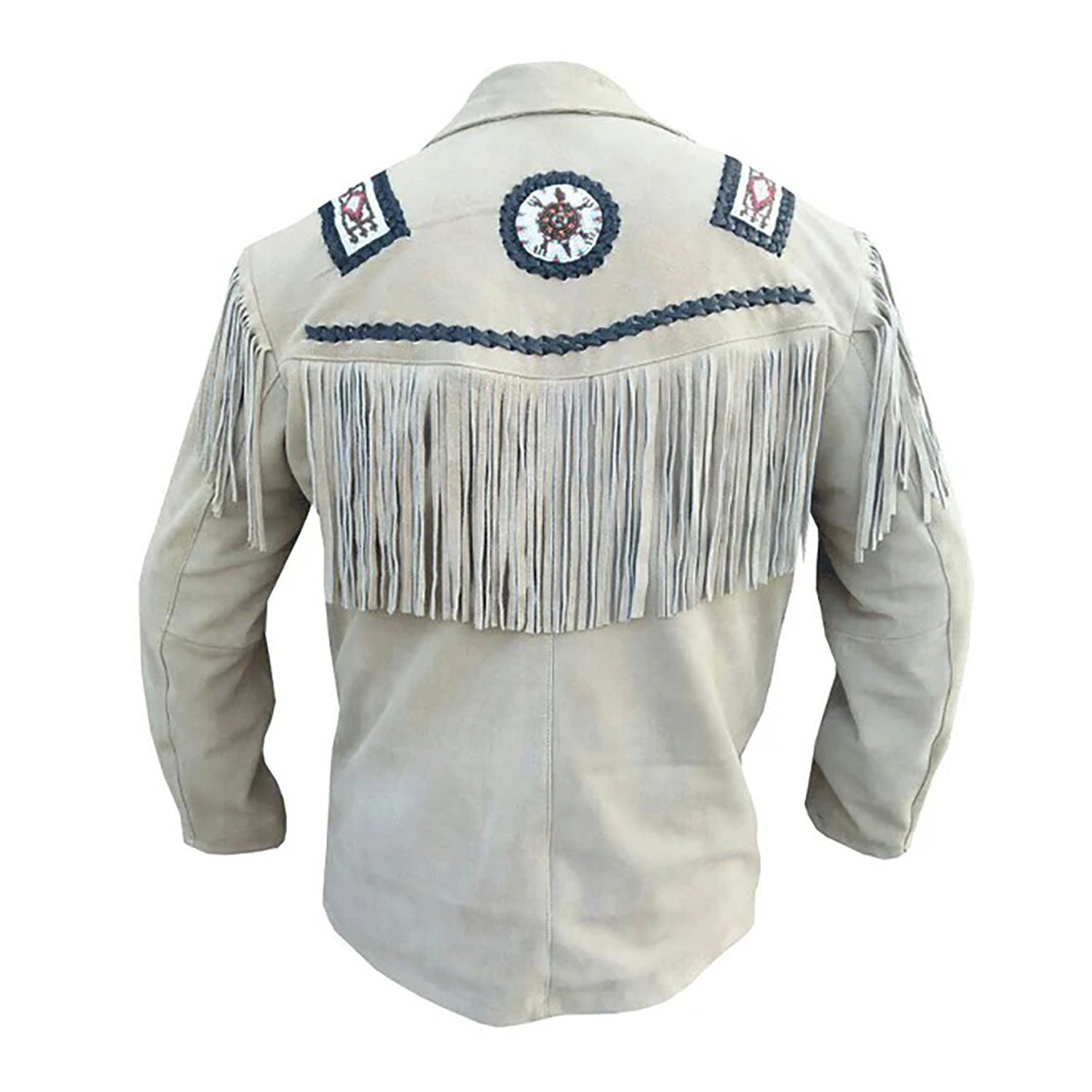 Beige suede leather fringe jacket with beaded detailing, front view