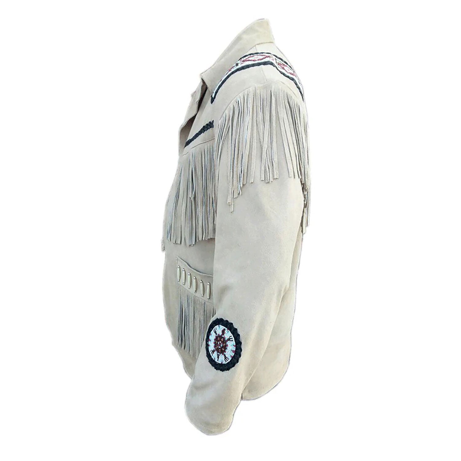Beige suede leather fringe jacket with beaded detailing, side profile