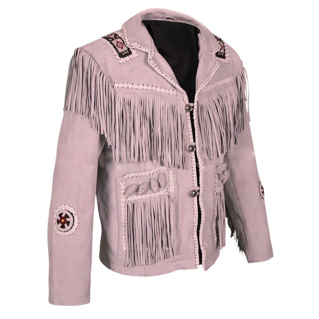 Full display of the beige suede leather fringe jacket with beaded detailing for men
