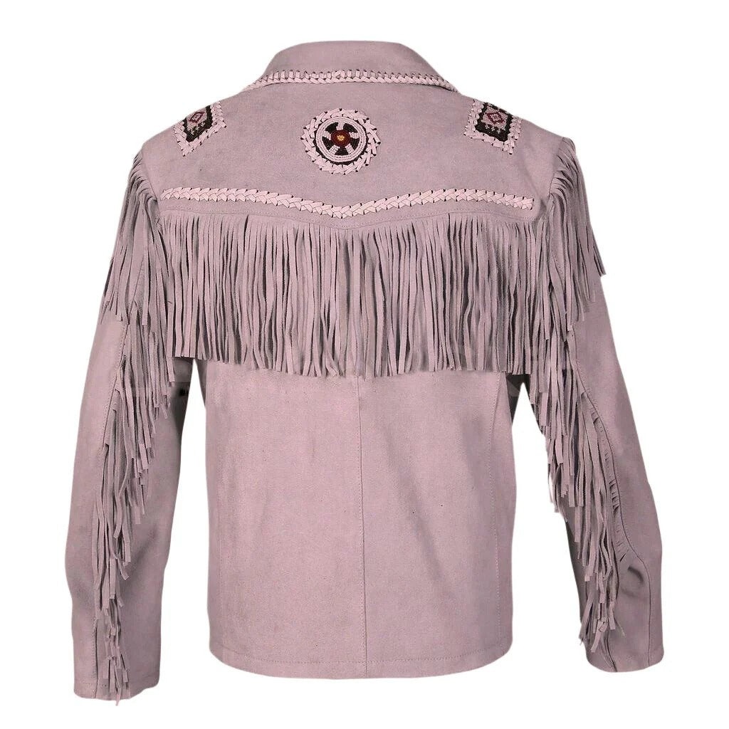 Detail shot of the beige suede leather fringe jacket with beaded detailing for men