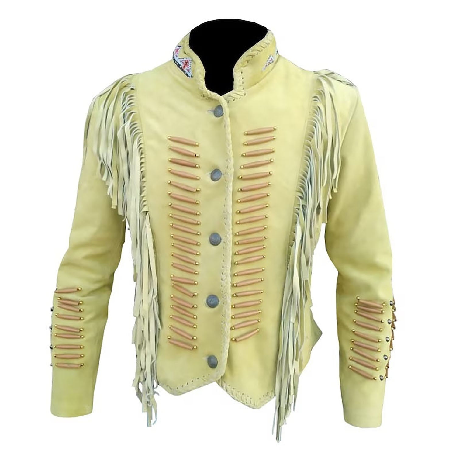 Worn styled look showing the beige suede leather fringe jacket with bone-work trim