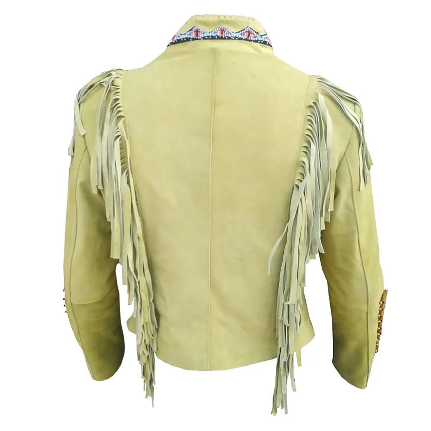 Full display showing the beige suede leather fringe jacket with bone-work trim