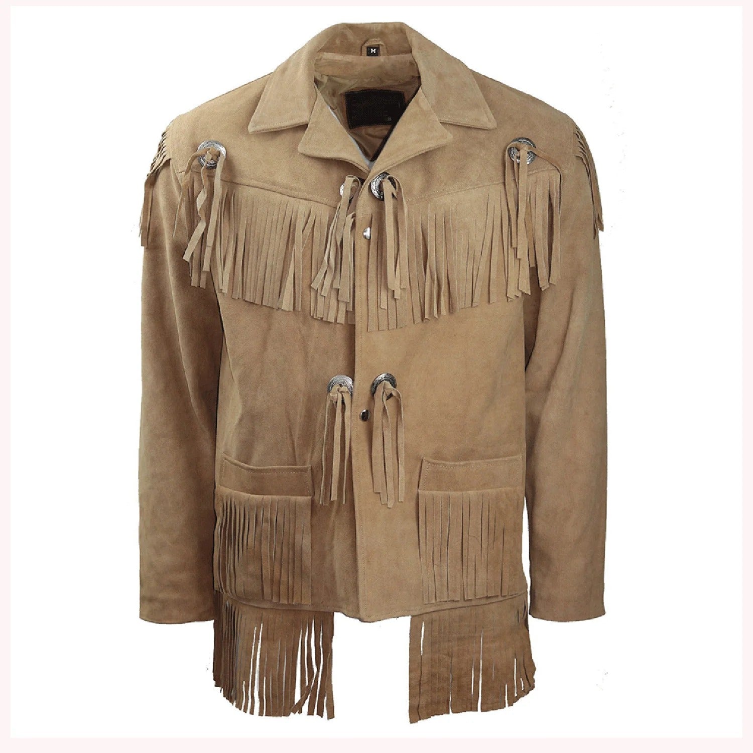 The beige suede leather fringe jacket, pictured in close-up