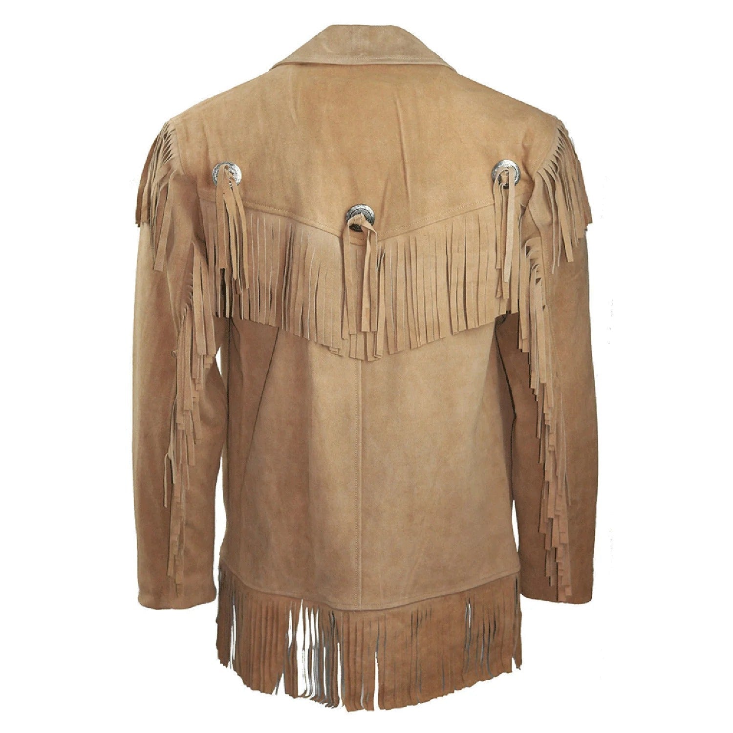 The beige suede leather fringe jacket, pictured worn and styled
