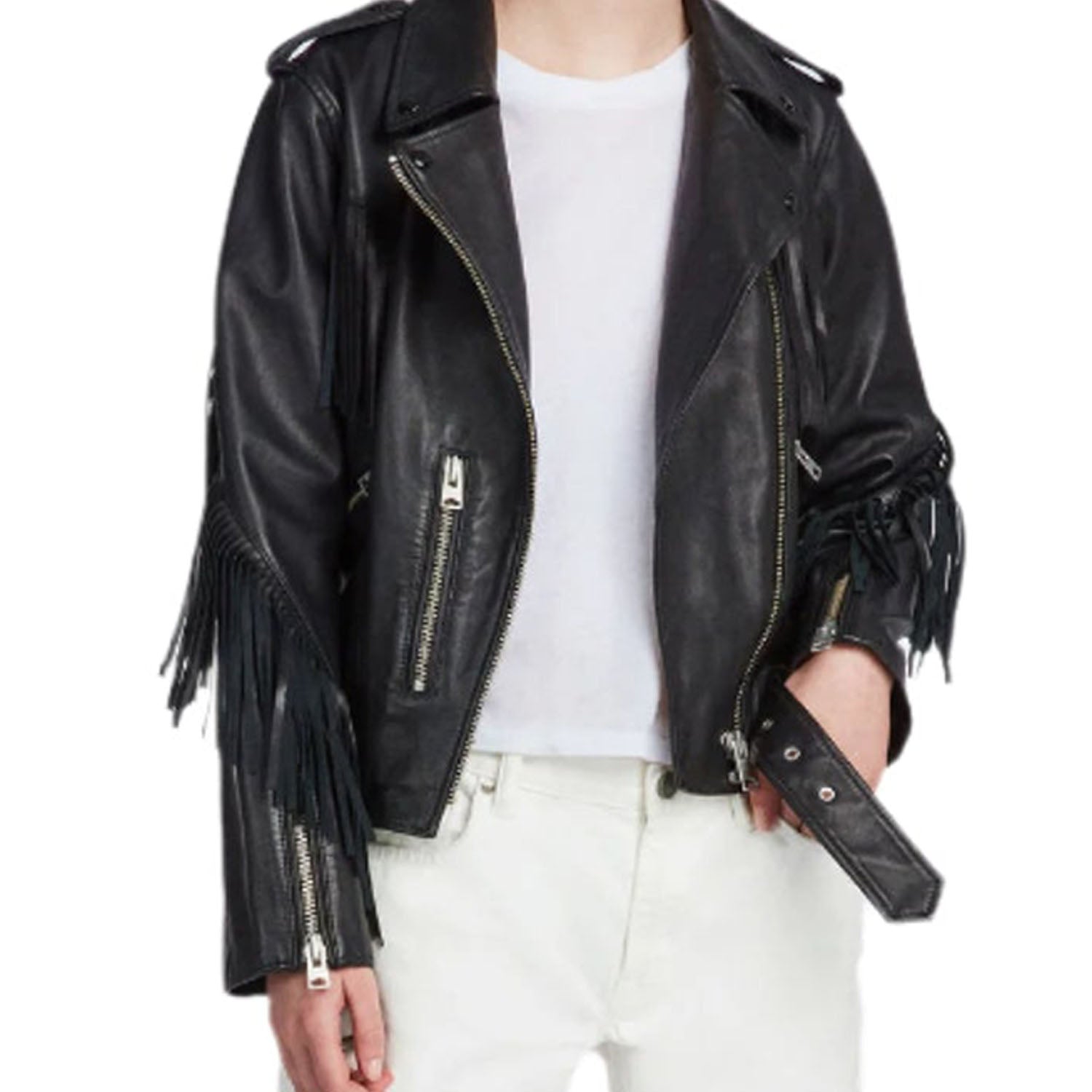 Western Biker Fringe Black Leather Jacket for Women Cowgirl front view