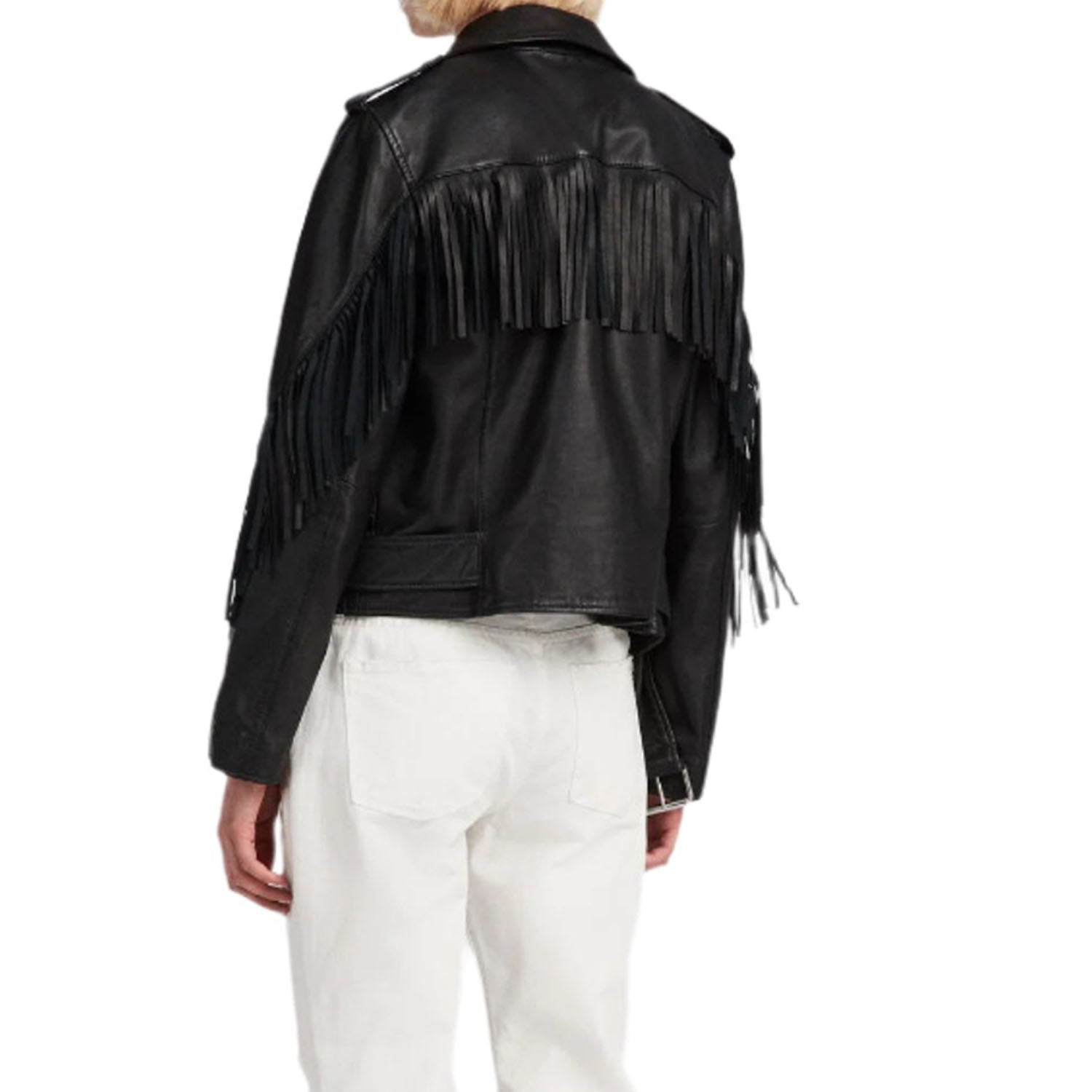 Western Biker Fringe Black Leather Jacket for Women Cowgirl side view