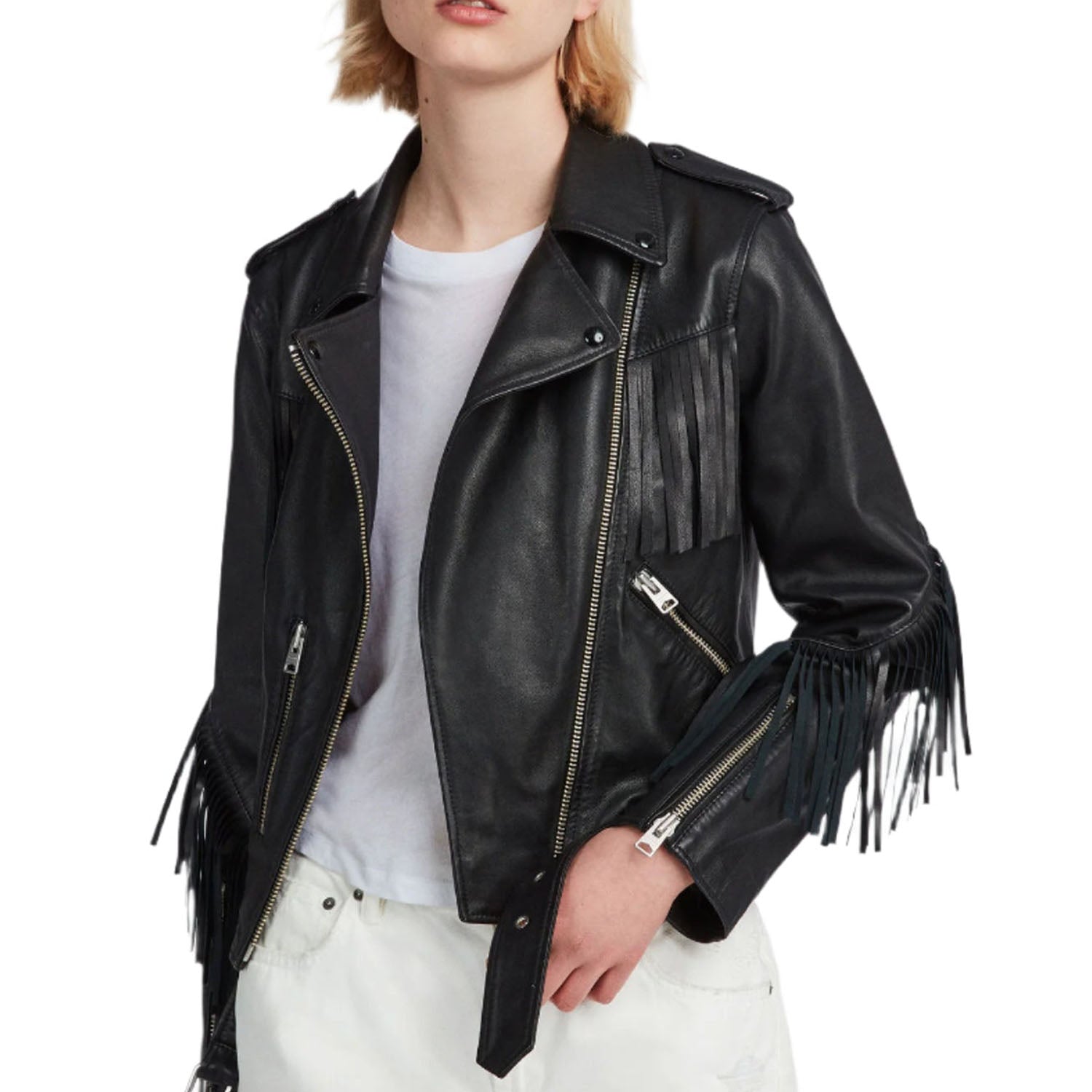 Western Biker Fringe Black Leather Jacket for Women Cowgirl back view
