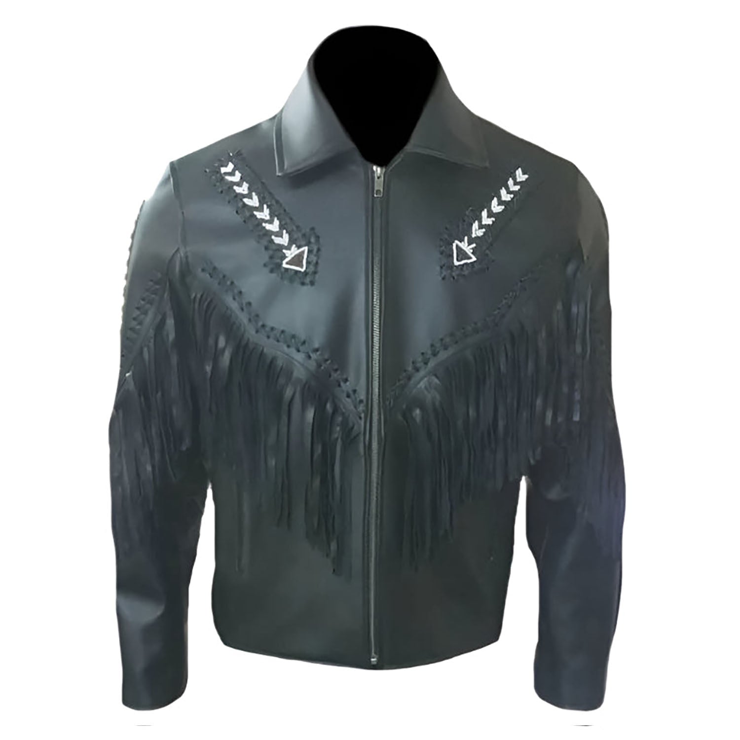 Black leather fringe jacket with arrow beadwork, back view