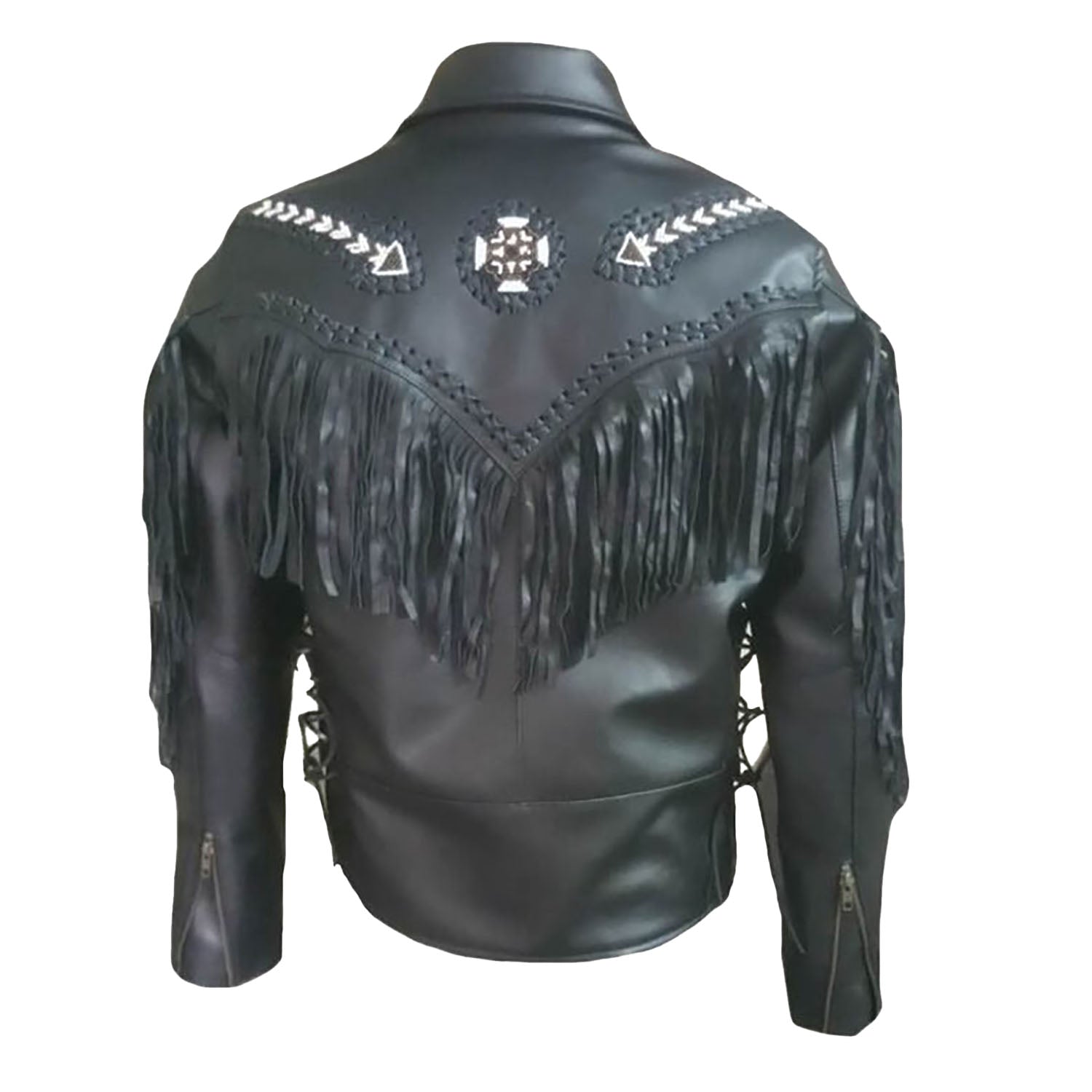 Black leather fringe jacket with beaded detailing, close-up detail