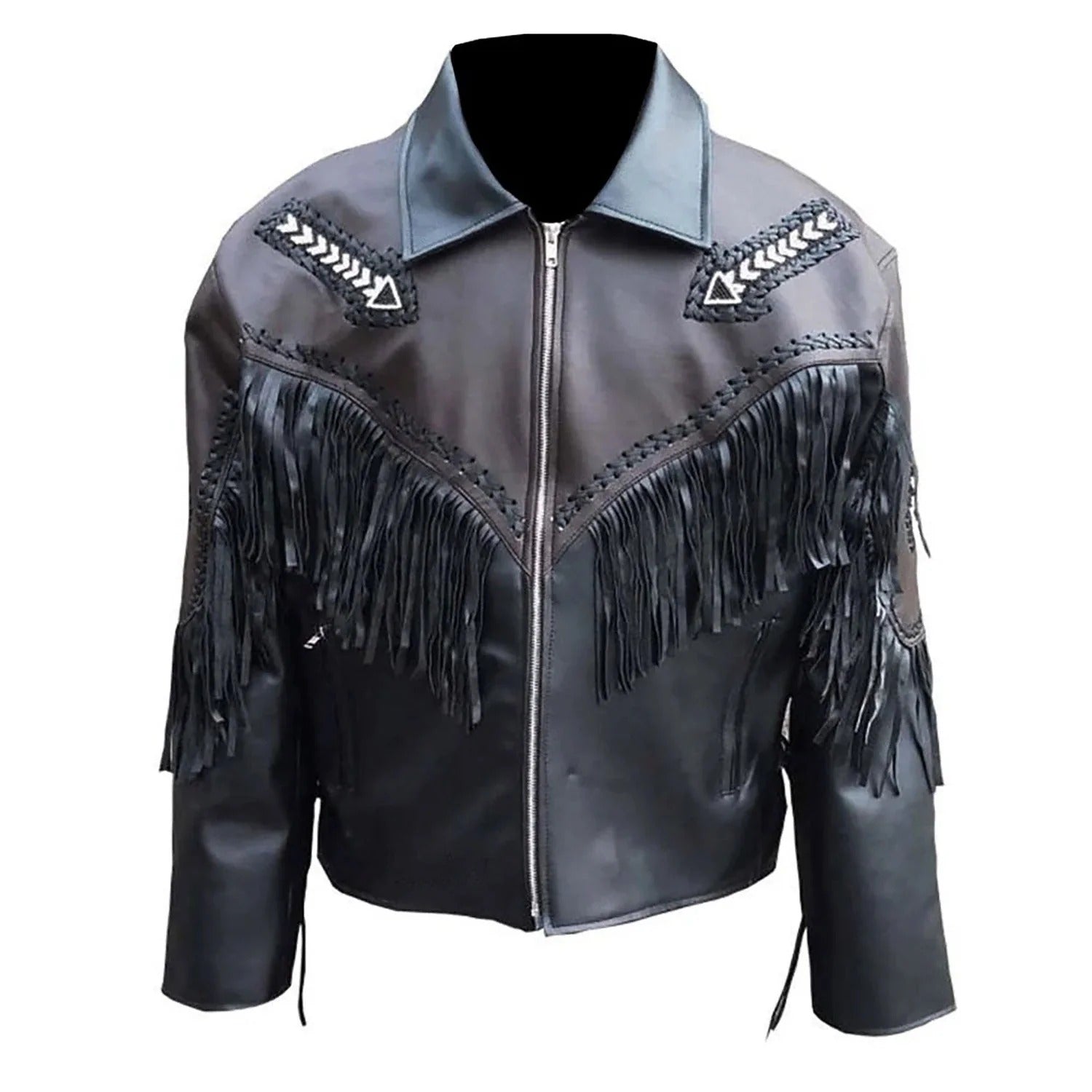 Side profile of the black leather fringe jacket with arrow beadwork for men