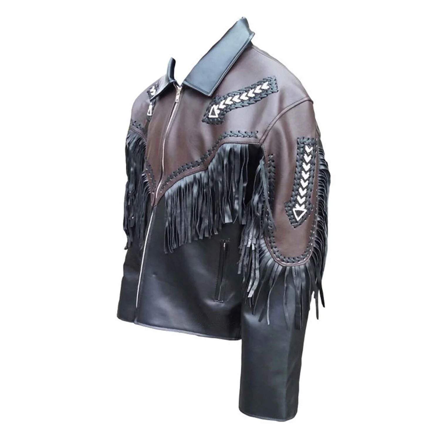 Back view of the black leather fringe jacket with beaded detailing for men