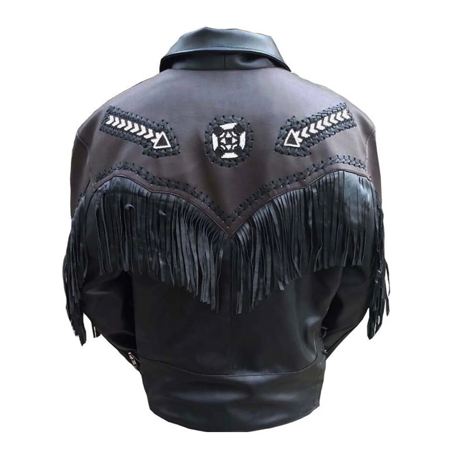 Close-up detail of the black leather fringe jacket with arrow beadwork for men