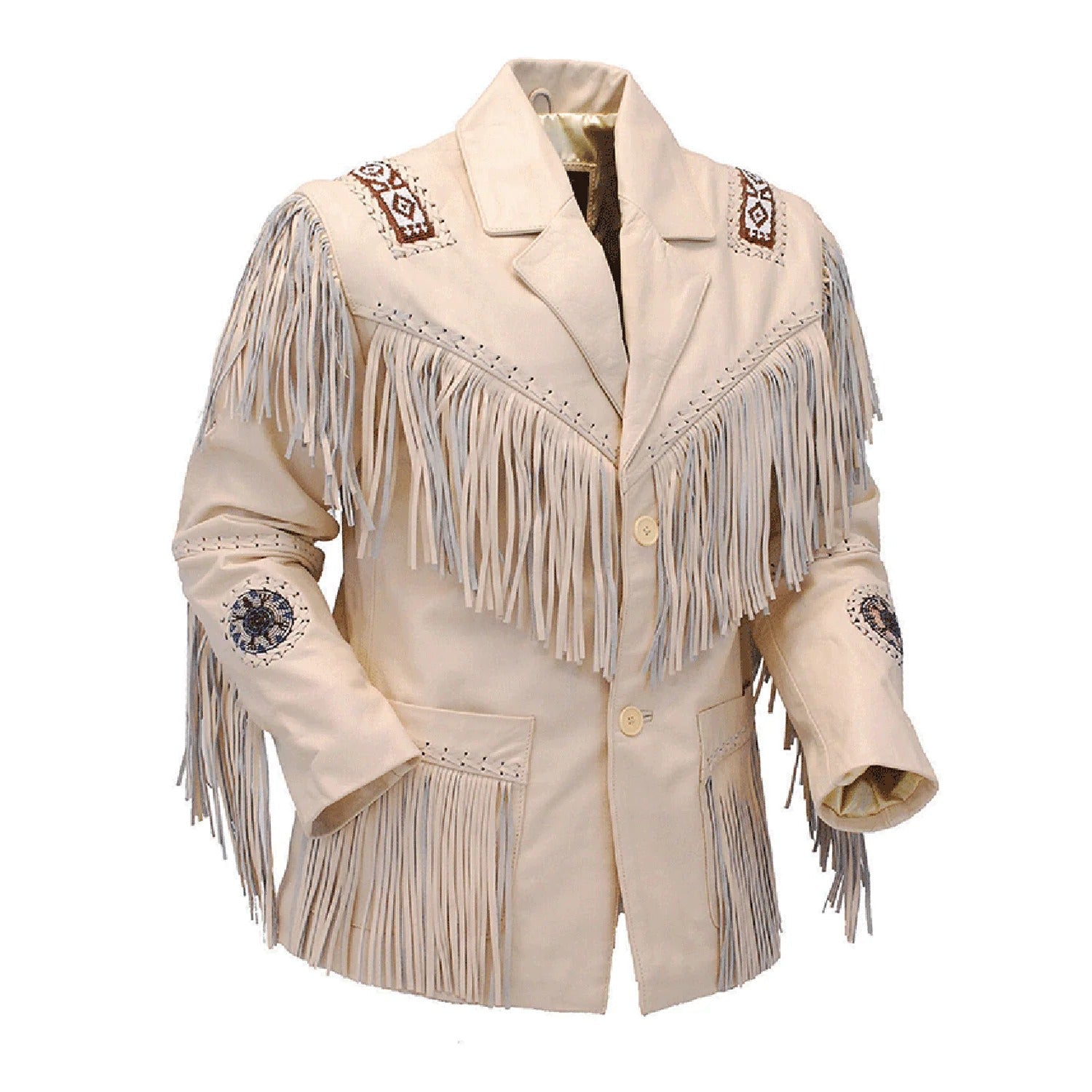 Side profile showing the black leather fringe jacket with beaded detailing