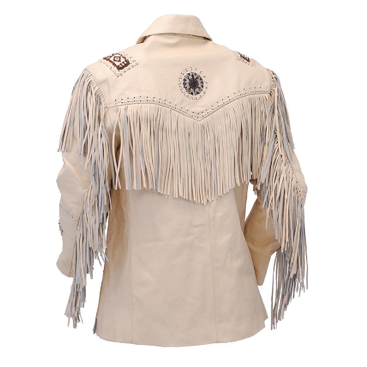 Back view showing the black leather fringe jacket with beaded detailing