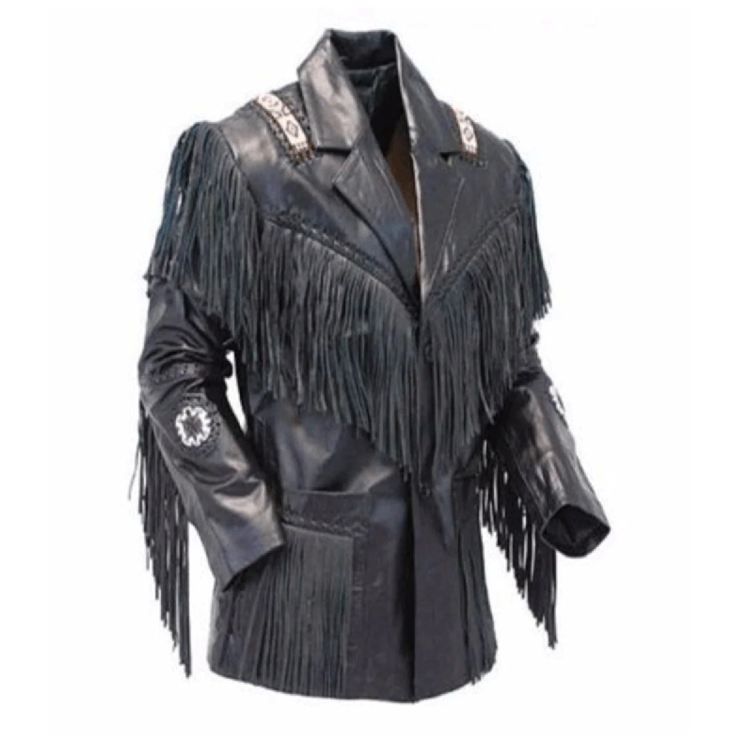 The black leather fringe jacket with beaded detailing, pictured in detail