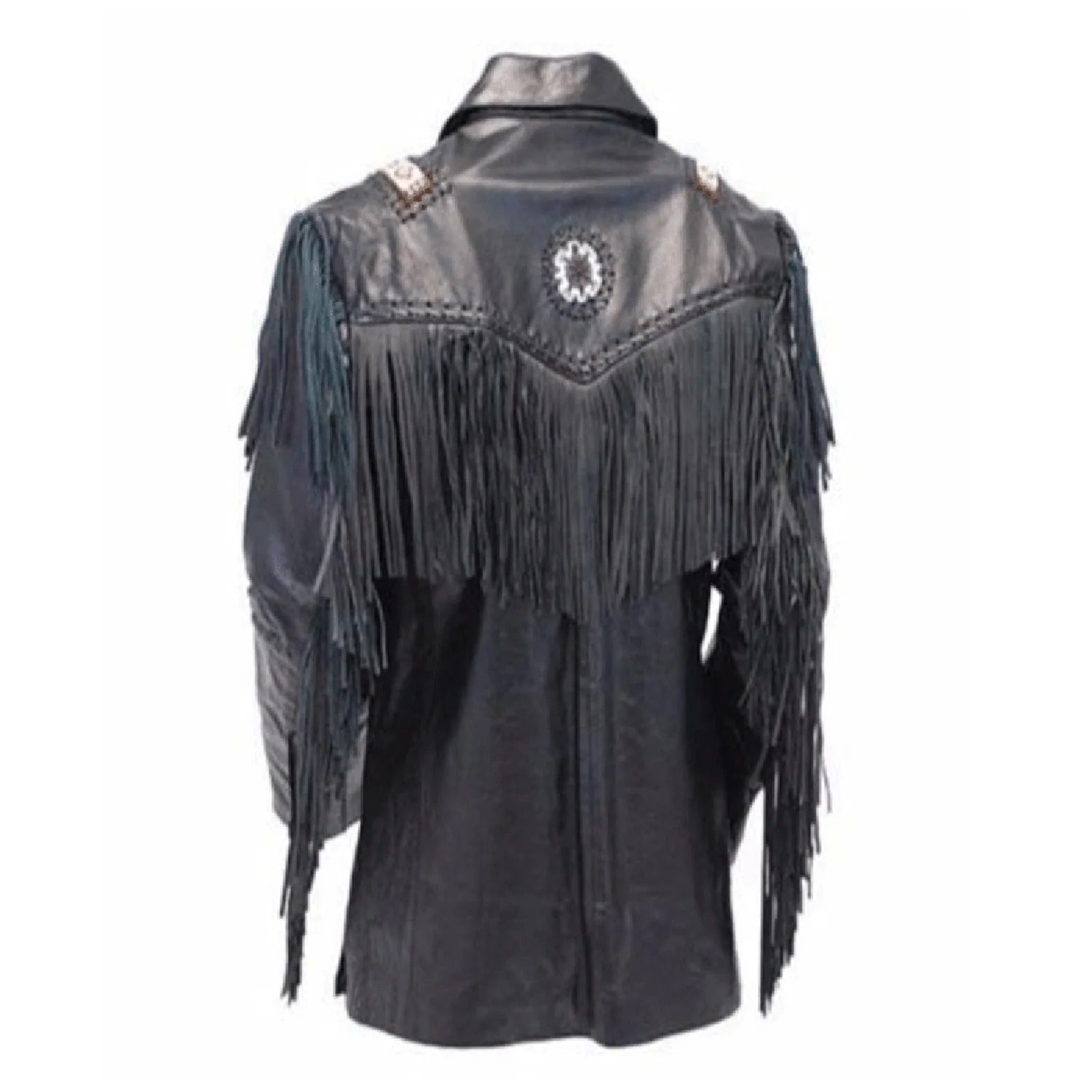 The black leather fringe jacket with beaded detailing, pictured from the front