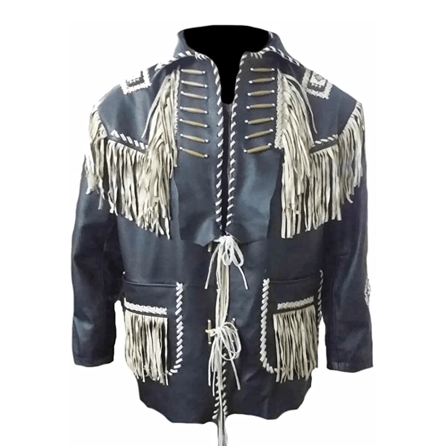 Black leather fringe jacket with beaded detailing, full display