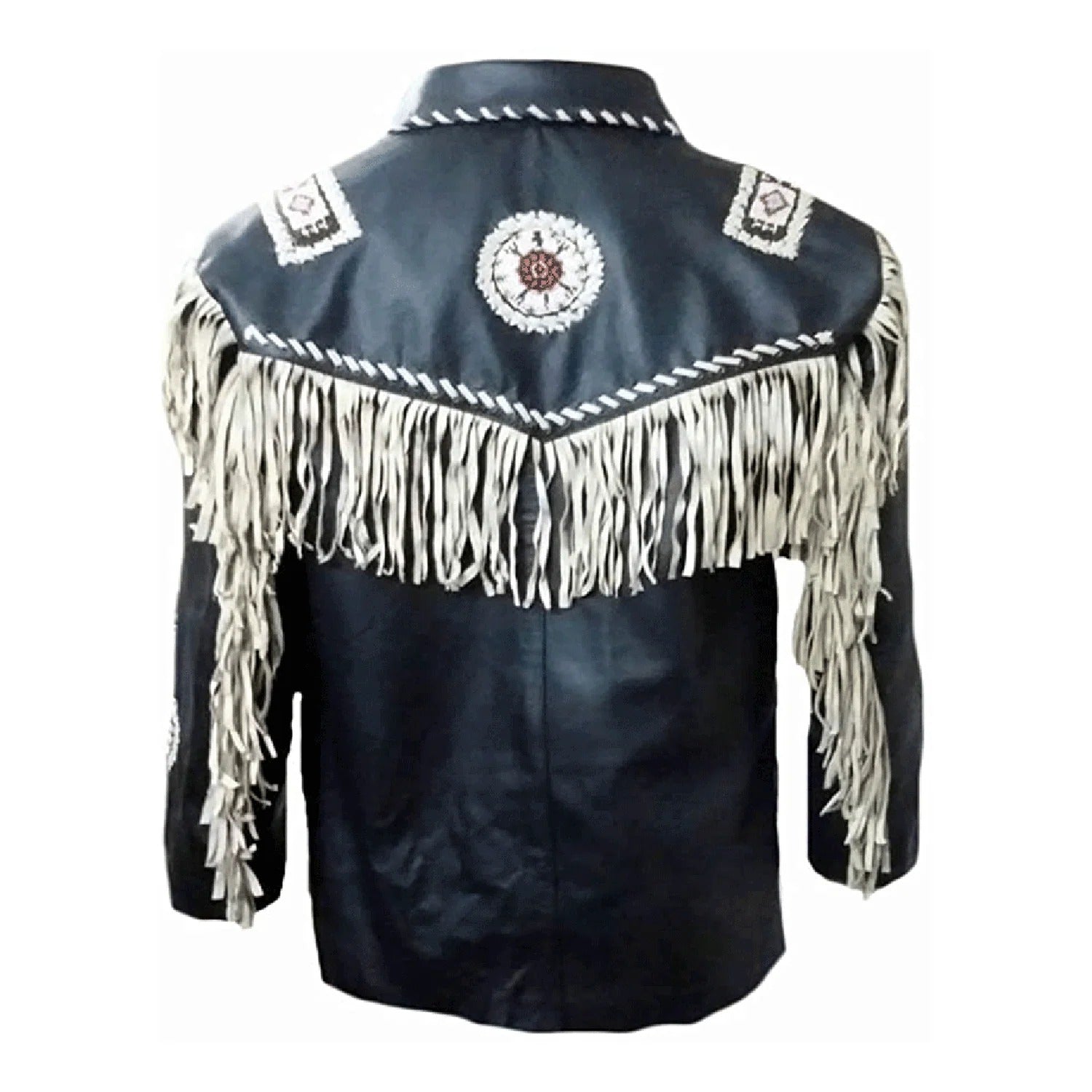 Black leather fringe jacket with beaded detailing, detail shot