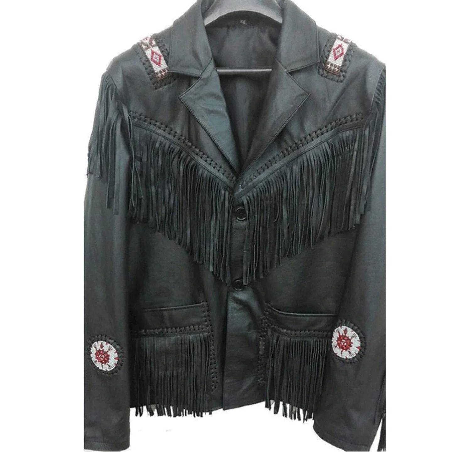 Worn styled look of the black leather fringe jacket with beaded detailing for men