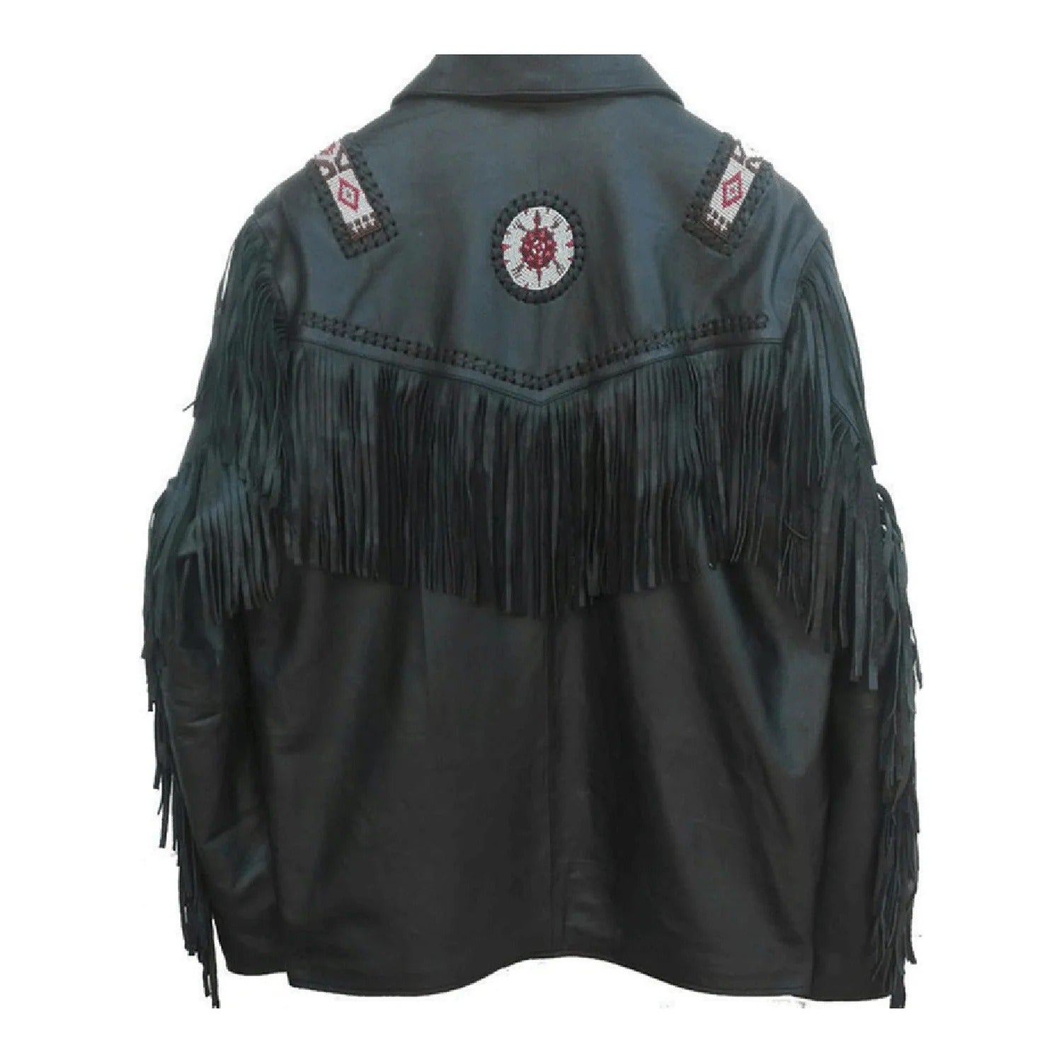Full display of the black leather fringe jacket with beaded detailing for men