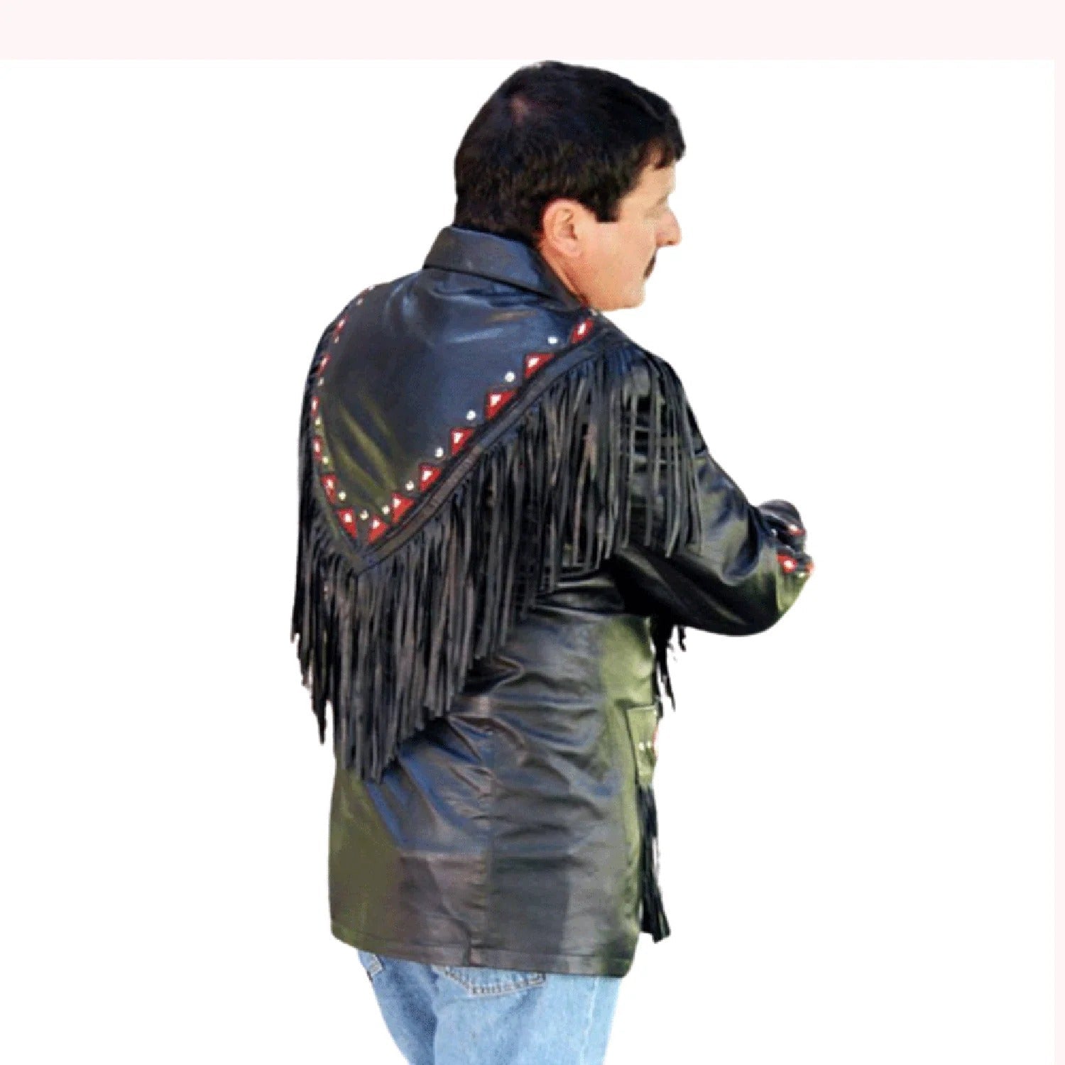 Worn styled look showing the black leather fringe jacket with beaded detailing