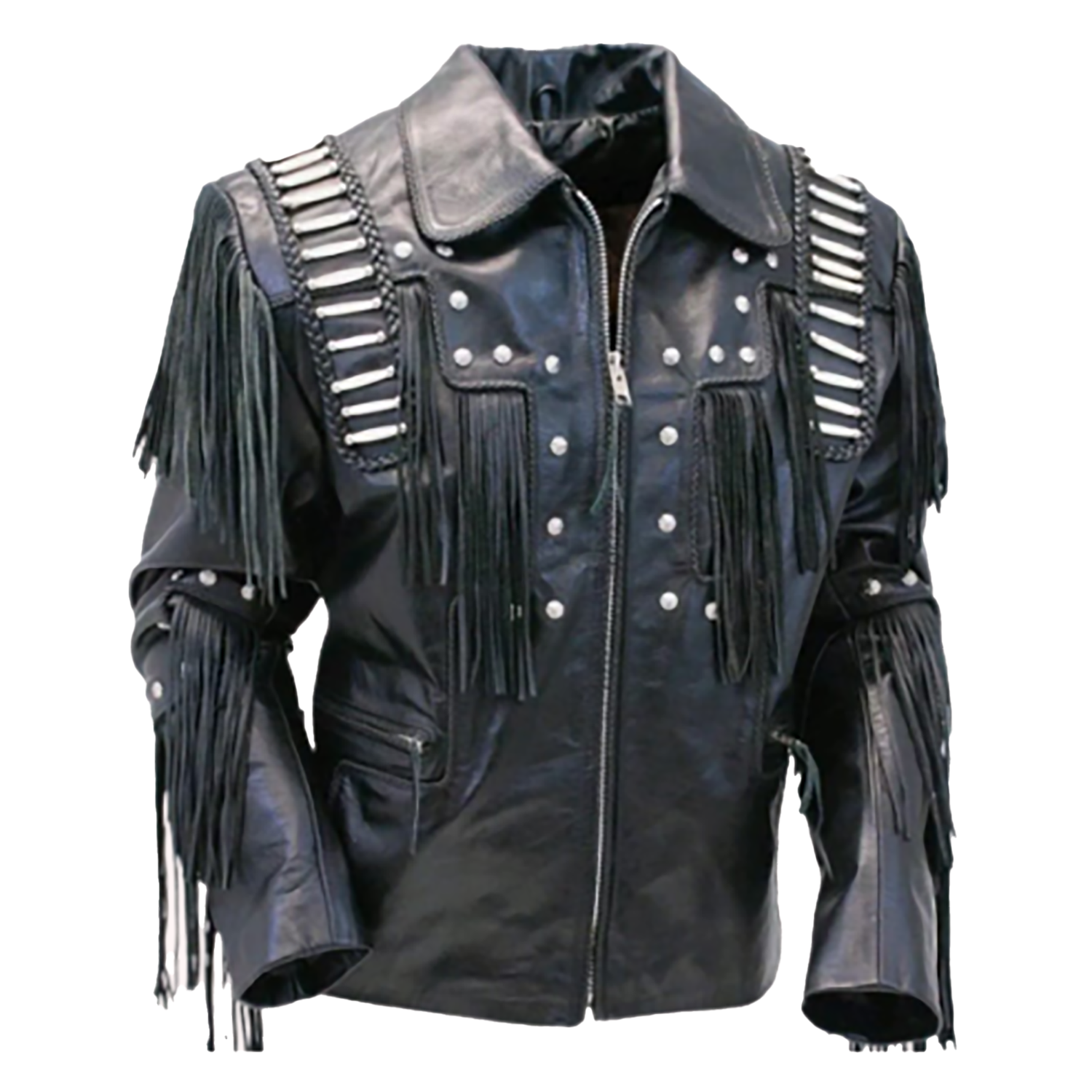 The black leather fringe jacket with bone-work trim, pictured from the back