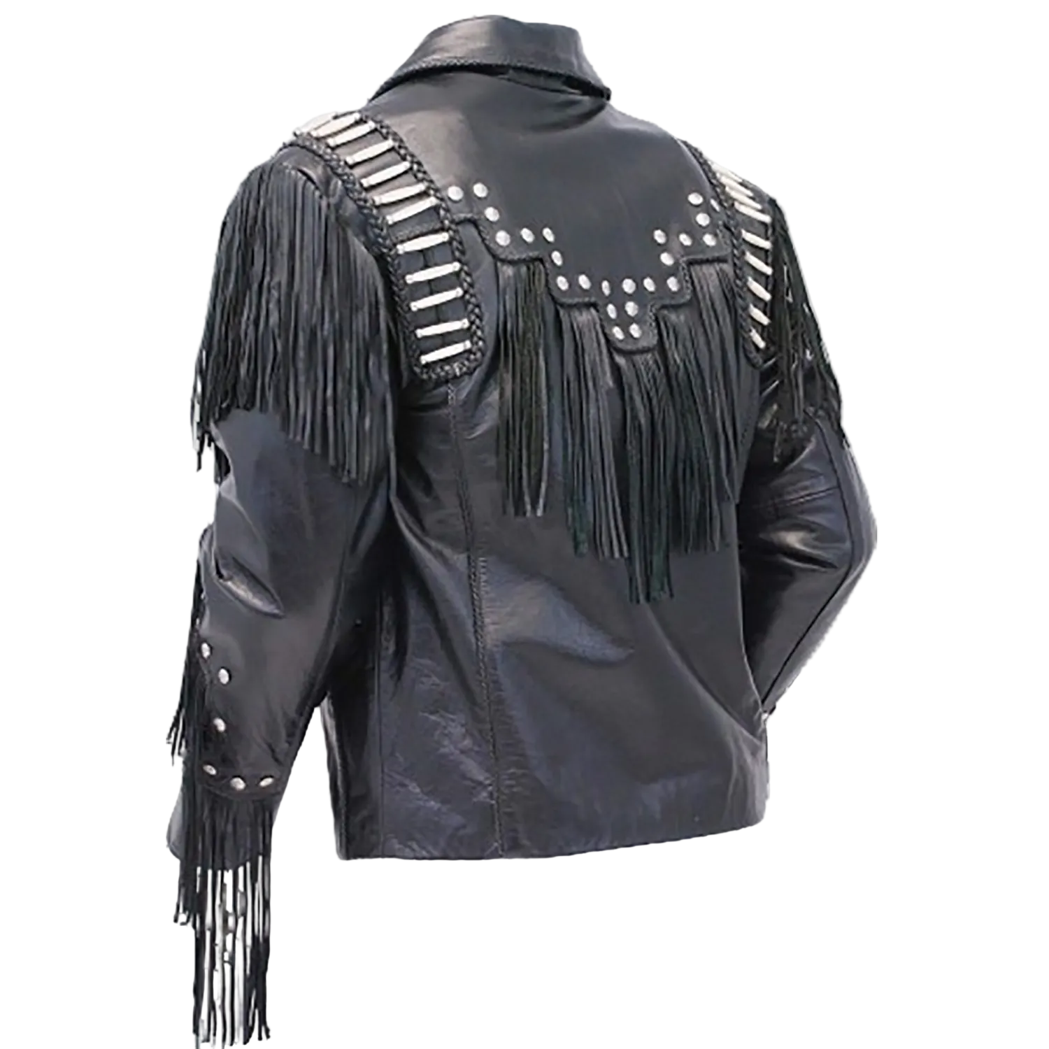 The black leather fringe jacket with bone-work trim, pictured in close-up