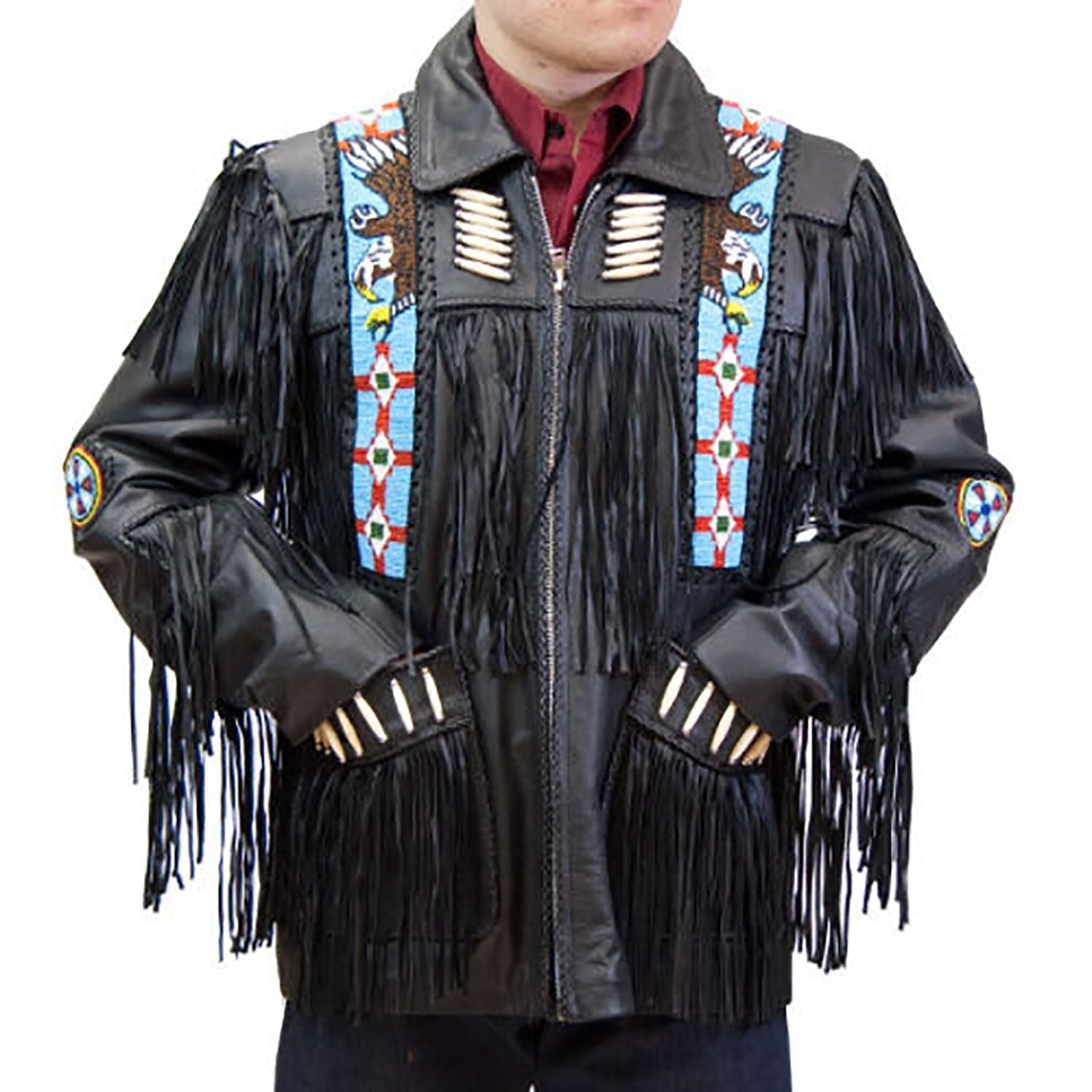 Black leather fringe jacket with eagle beadwork, side profile