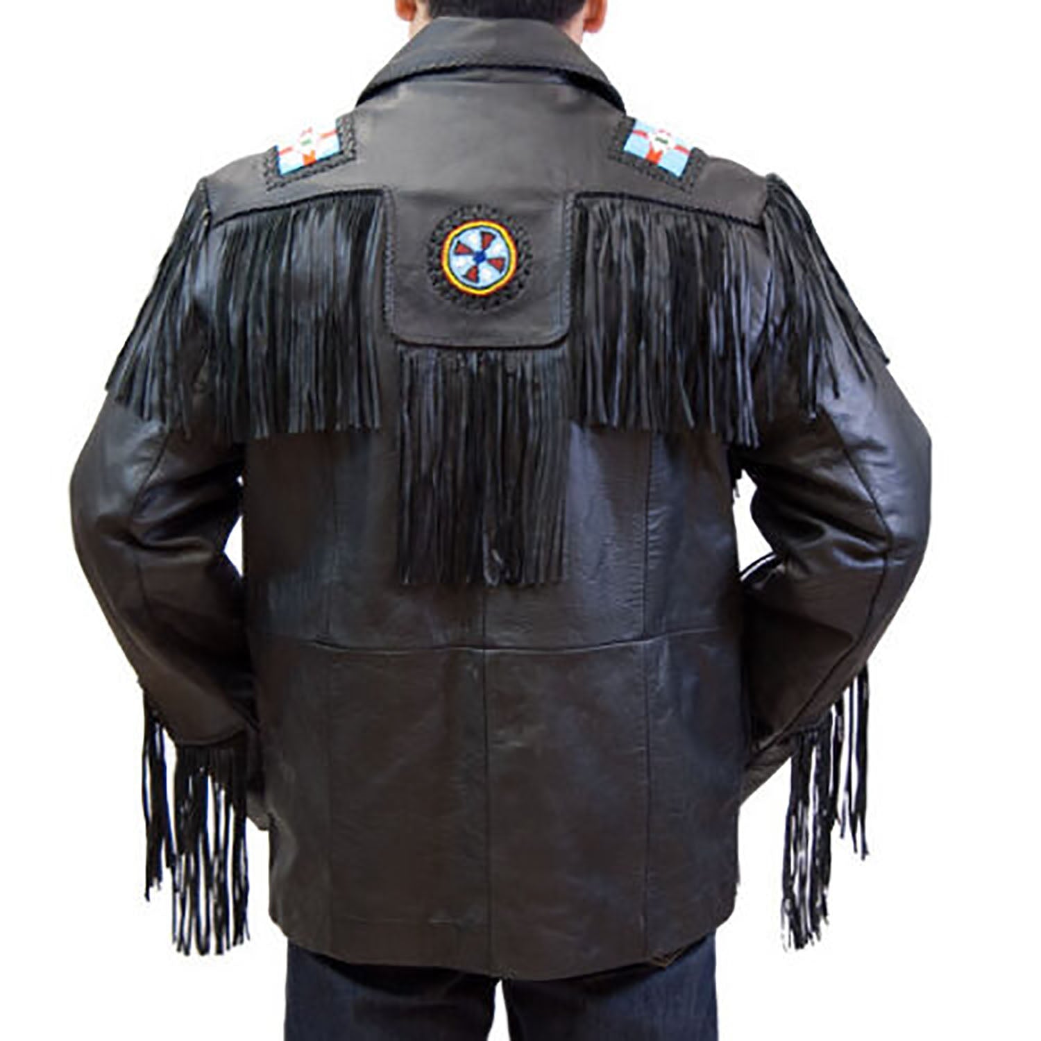 Black leather fringe jacket with beaded detailing, back view
