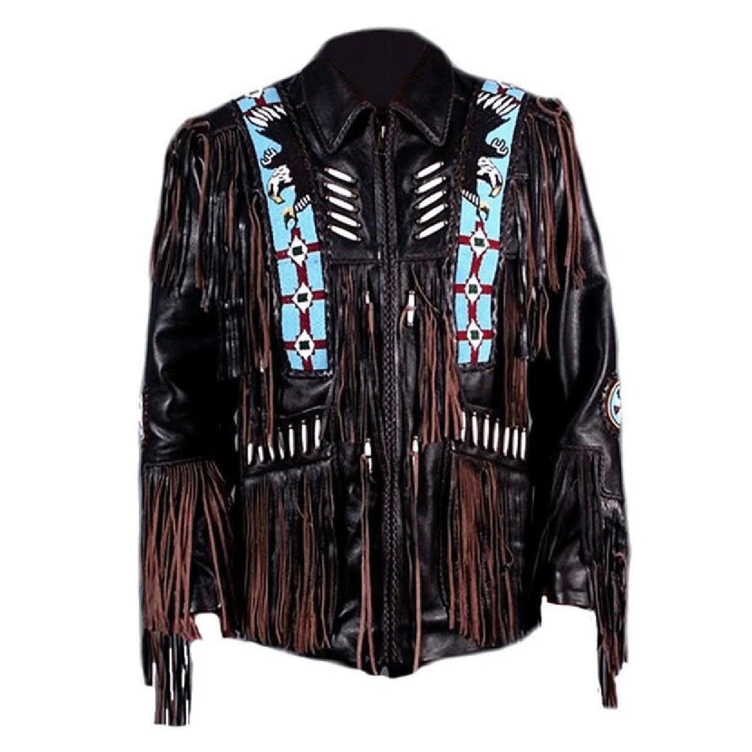 Front view of the black leather fringe jacket with eagle beadwork for men