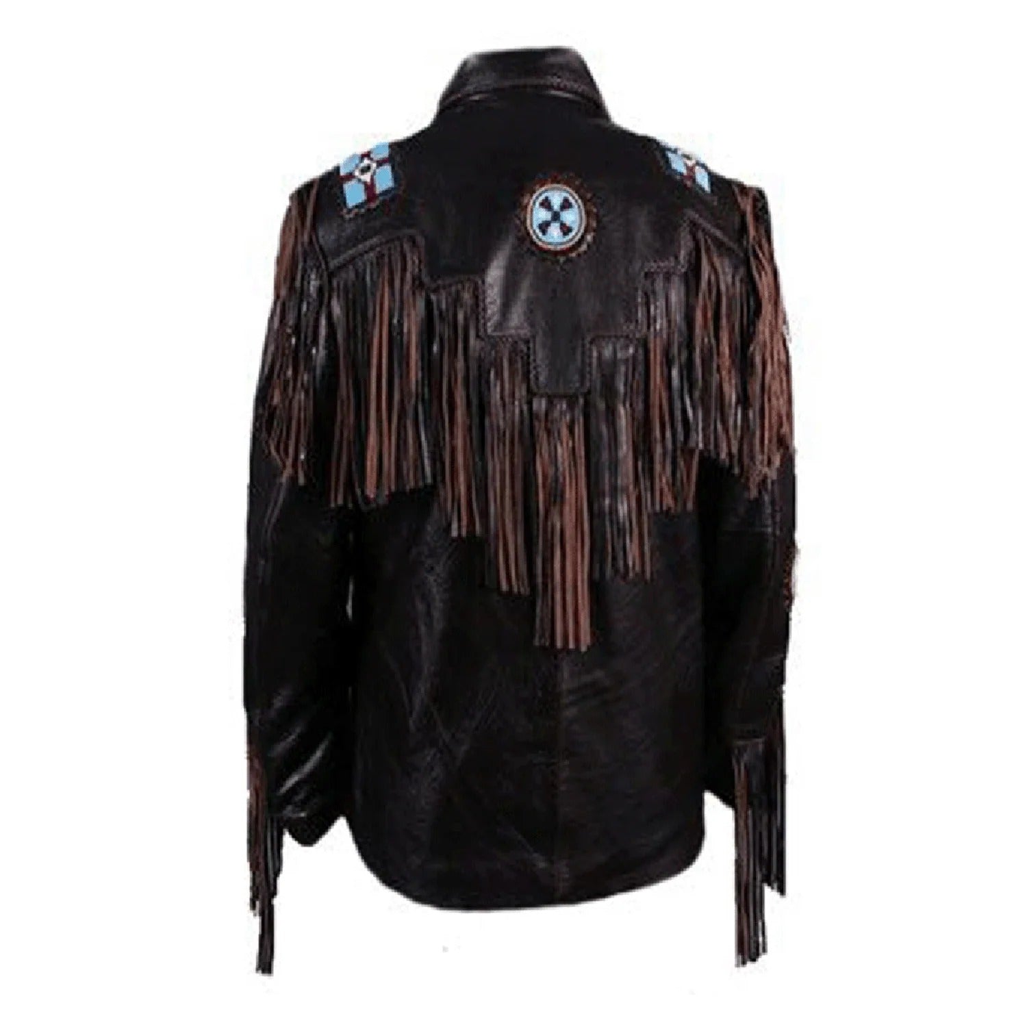 Side profile of the black leather fringe jacket with beaded detailing for men
