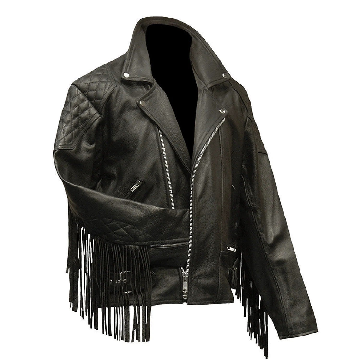 The black leather fringe jacket with biker style, pictured in full display