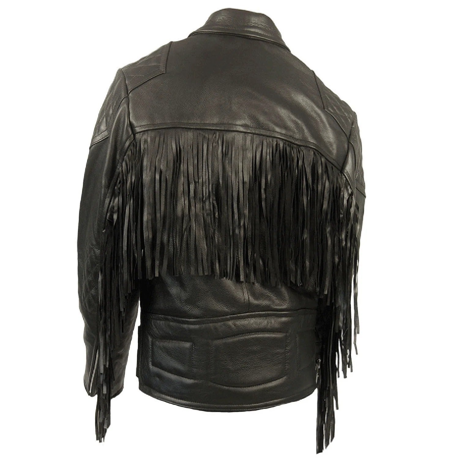 The black leather fringe jacket with biker style, pictured in detail