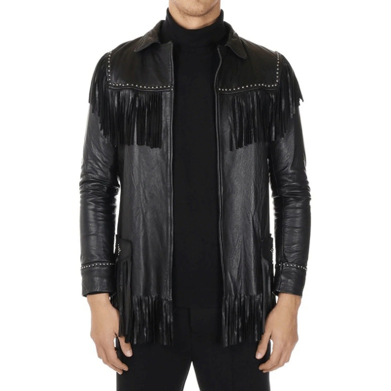 Black leather fringe jacket, worn styled look