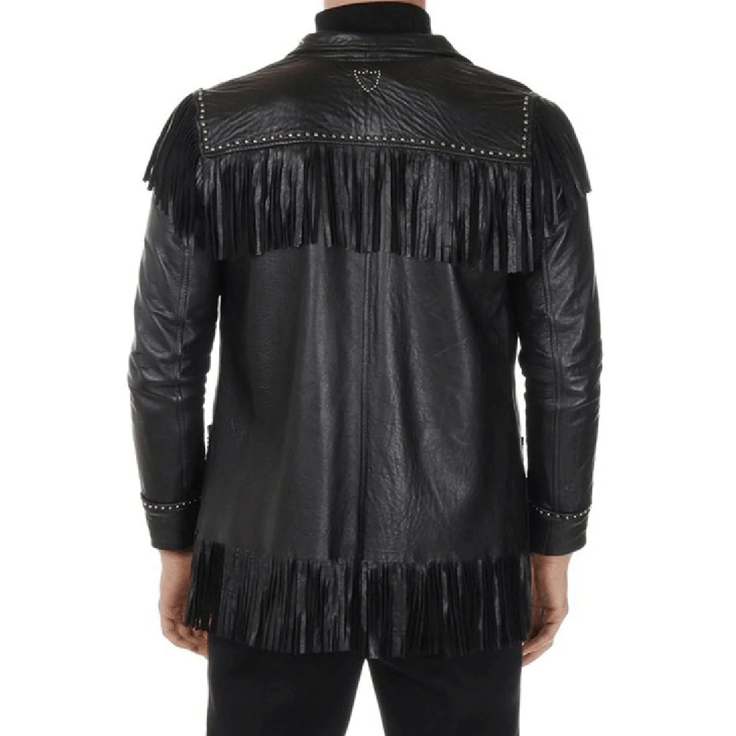 Black leather fringe jacket, full display