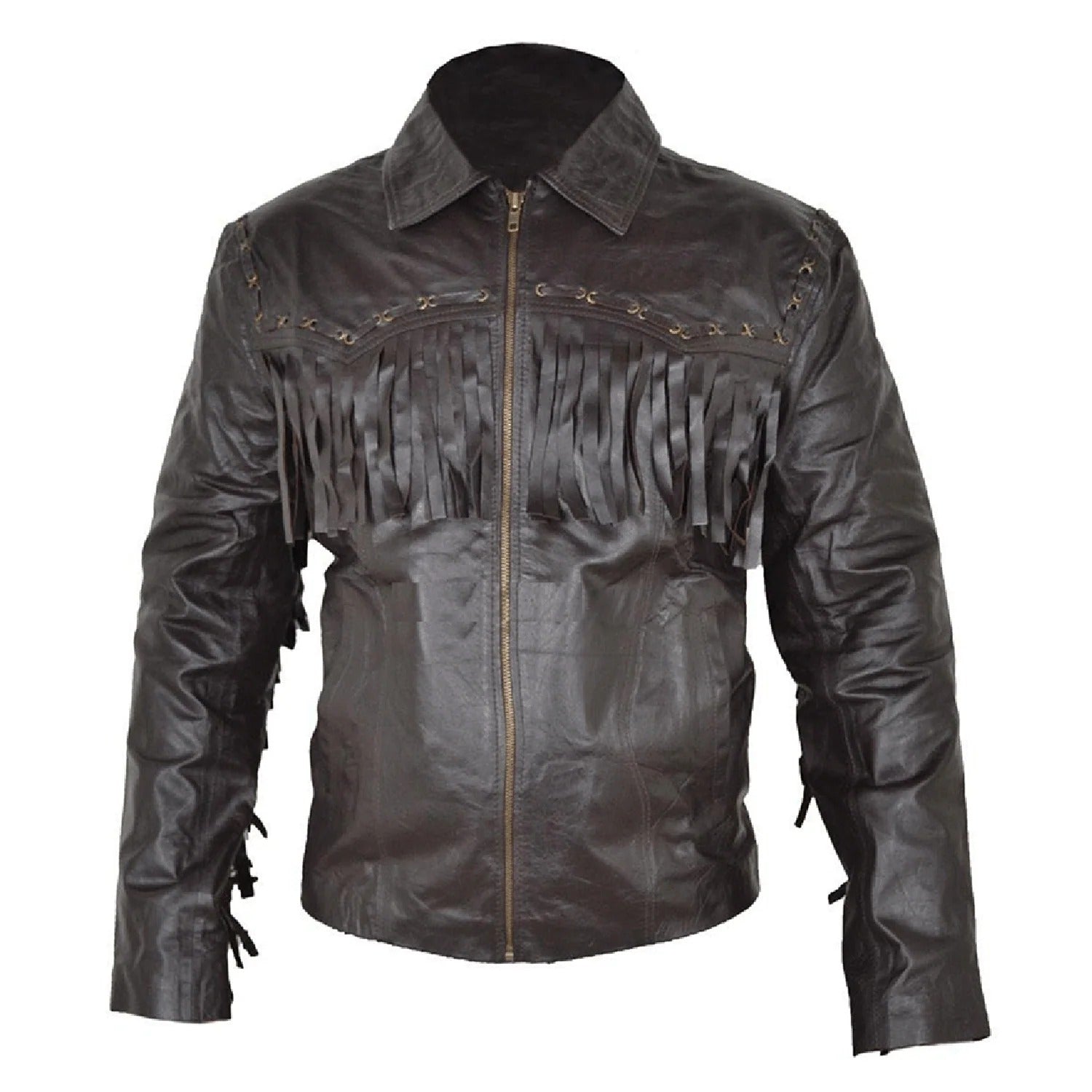 Close-up detail of the black leather fringe jacket for men
