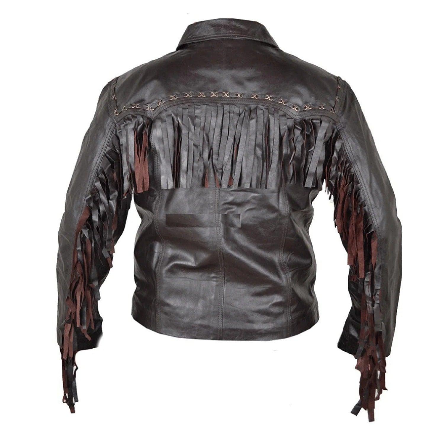 Worn styled look of the black leather fringe jacket for men