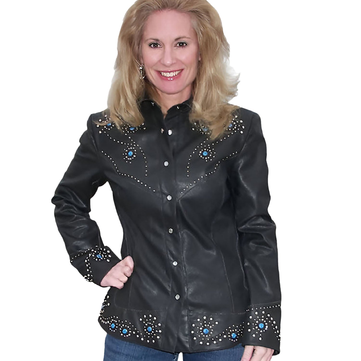 Woman wearing a black leather jacket with blue gemstones on a white background