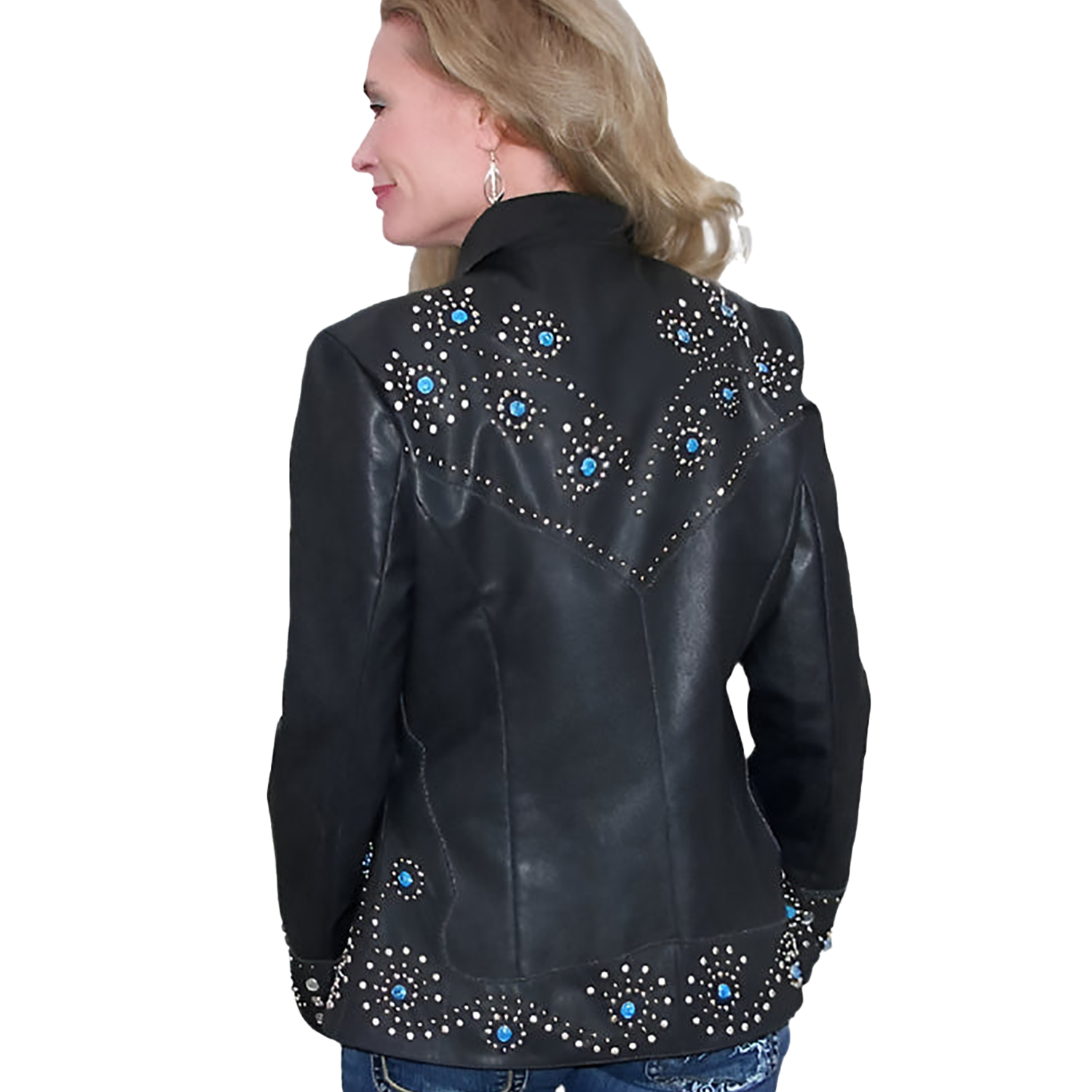 Black leather jacket with blue gemstone embellishments on a white background