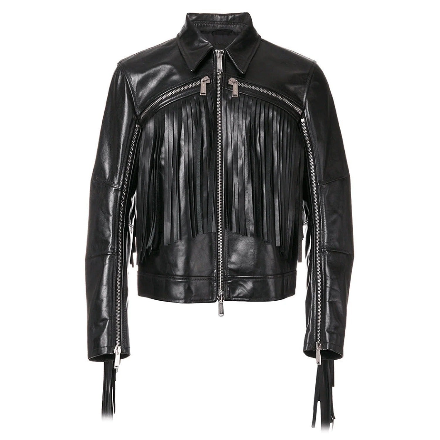 Back view showing the black leather fringe jacket