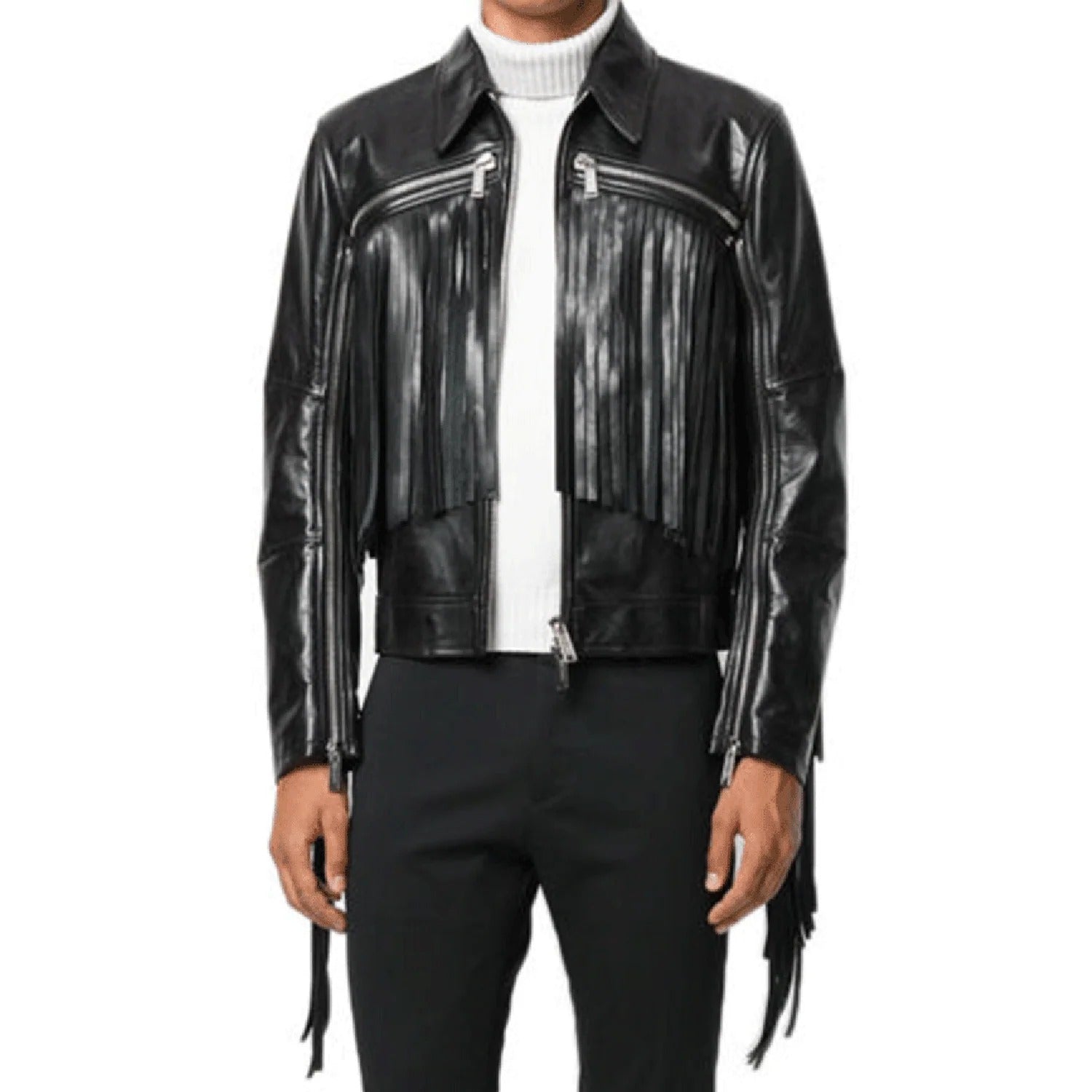 Close-up detail showing the black leather fringe jacket